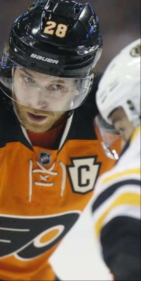 Philadelphia Flyers' Claude Giroux gets ready to take a face-off.