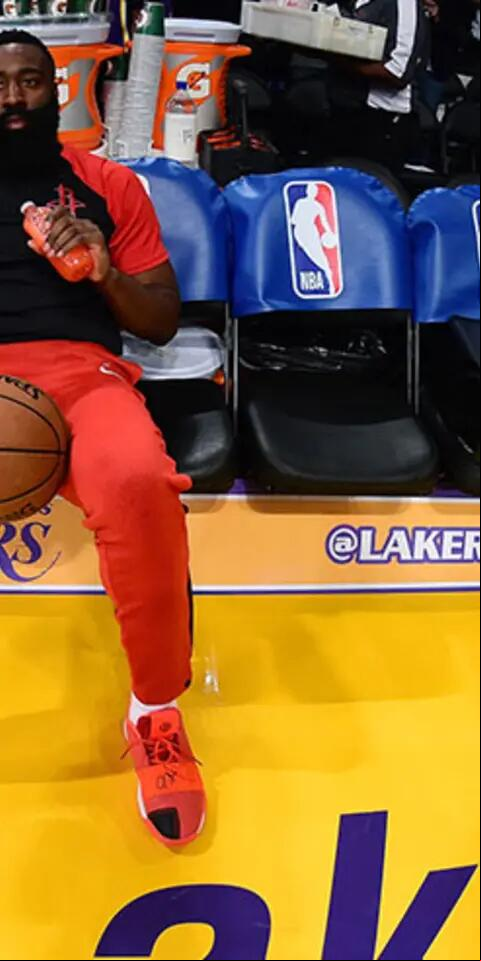 James Harden #13 of the Houston Rockets sits alone on the bench before the game against the Los Angeles Lakers at Staples Center on October 20, 2018 in Los Angeles, California